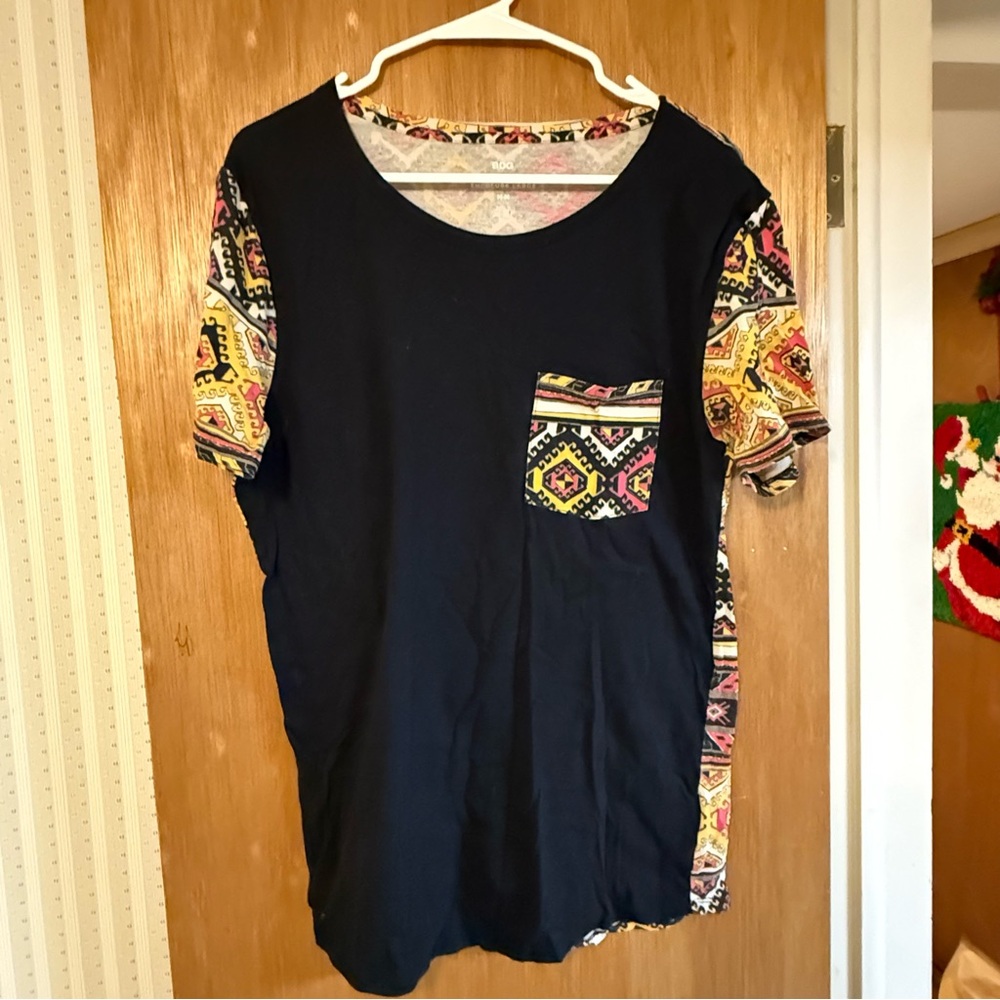 BDG Black Tee with Multicolor Patterned Sleeves - image 1